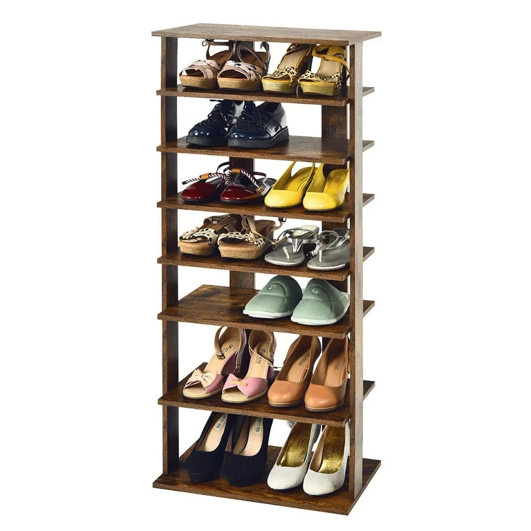 Gymax Patented 7-Tier Double Shoe Rack Free Standing Shelf Storage Tower Rustic Brown | Walmart (US)