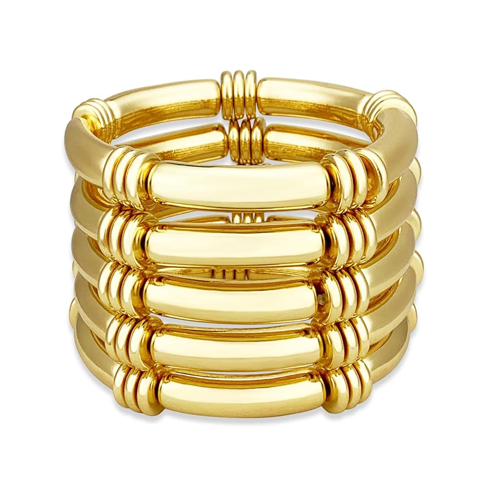 YBMYCM 5PCS Gold Chunky Bangles Bracelets for Women Gold Plated Stackable Layered Curved Bamboo T... | Amazon (US)