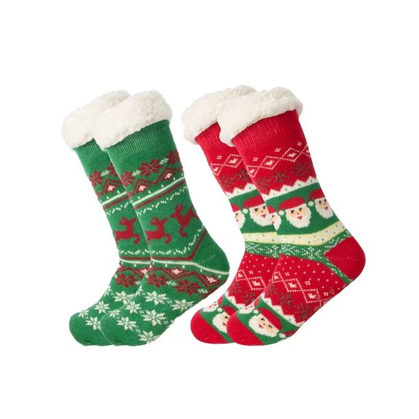 Treehouse Knit (2 Pack) Womens Thick Knit Sherpa Fleece Slipper Socks Grippers | Walmart (US)