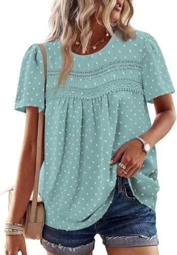 KISSMODA Womens Pleated Front Blouse Short Sleeve Petal Sleeve Swiss Dot Double Lace Trim Loose F... | Amazon (CA)