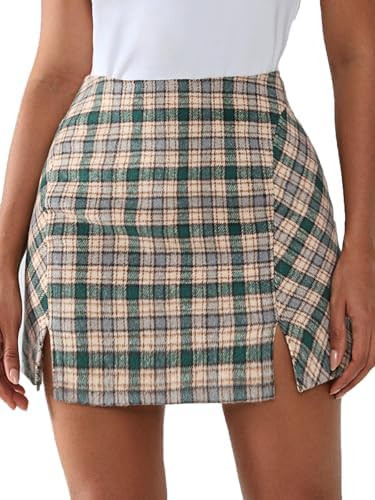 EXLURA Women's Fashion Faux Wool Mini Skirt High Waisted Y2K Trendy Side Slit Tweed Plaid Skirts ... | Amazon (US)