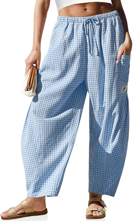 TARSE Womens Linen Wide Leg Striped Pants Casual Barrel Loose Drawstring Low Waist Palazzo Harem ... | Amazon (US)