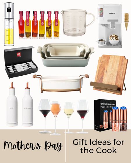 Mother’s Day gift guide, Mother’s Day gift ideas for the cook, bakeware, oil dispenser, electric salt and pepper shaker, recipe book holder, ice cream machine, knife set, infused oils for cooking, glass measuring cup, wine glasses 

#LTKover40 #LTKfamily #LTKGiftGuide