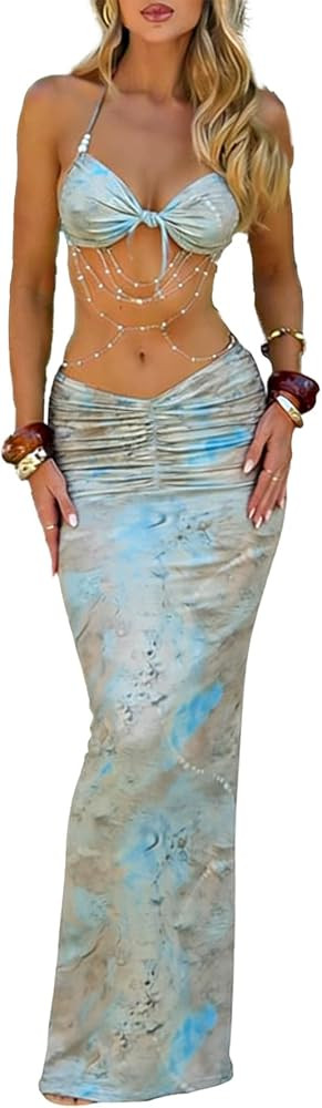Women's Two Piece Maxi Skirt Sets Summer Beach Sexy Ruched Backless Pearls Chain Decor Crop Top a... | Amazon (US)