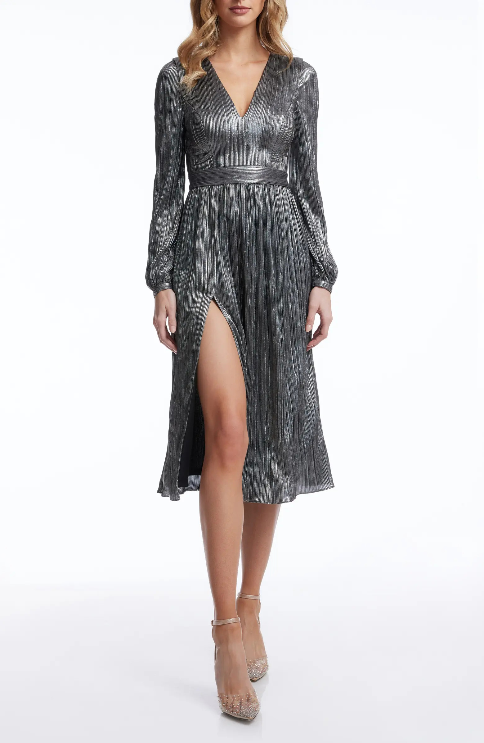 Holly Long Sleeve Metallic Plissé Dress | Nordstrom
