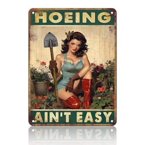 PEACHGARDEN Hoeing Ain't Easy Vintage Garden Signs for Outside Retro Rustic Aluminum Tin Poster Funny Gardening Gift for Women Outdoor Wall Art Decor for Plant & Gardening Lovers 12x16inch | Amazon (US)