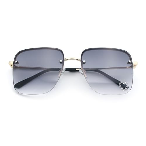 Womens Rimless Rectangle Rhinestone Heart Jewel Studded Lens Metal Sunglasses Gold - Smoke | Amazon (US)