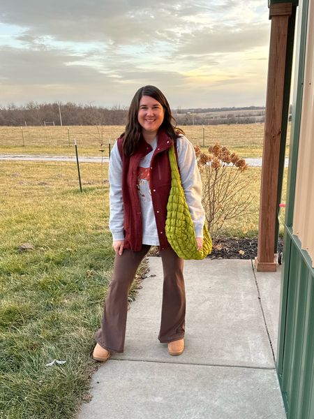 Casual Mom OOTD - my favorite Amazon Flare leggings (3 inseam options!), giddy up jingle horse amazon crewneck, my fave fleece vest (I tagged this year’s version, that I also have) & my amazon free people quilted lookalike bag. 

Casual mom, leggings outfit, farm mom, SAHM outfit 

#LTKitbag #LTKstyletip