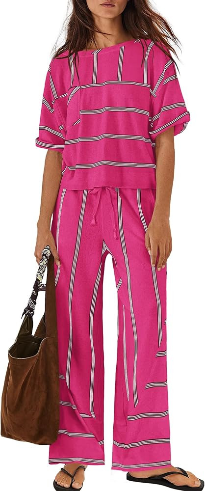 Nirovien Womens Striped Lounge Set 2 Piece Vacation Sets Short Sleeve Tops and Wide Leg Pants Tra... | Amazon (US)