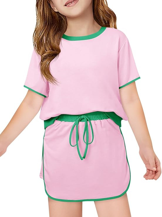 Haloumoning Girls 2 Piece Skirt Set Kids Fashion Short Sleeve T-Shirts and Drawstring Skorts with... | Amazon (US)