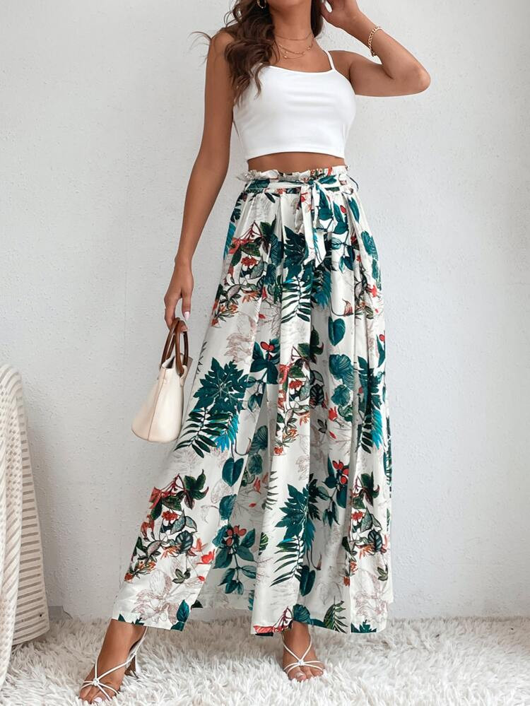 SHEIN Tall Solid Crop Cami Top & Tropical Print Split Thigh Belted Pants | SHEIN