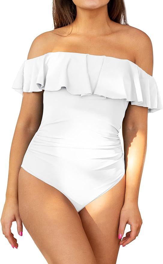 Annbon Women's Off Shoulder Ruffle One Piece Swimsuit Tummy Control Bathing Suit Lace Up Swimwear | Amazon (US)