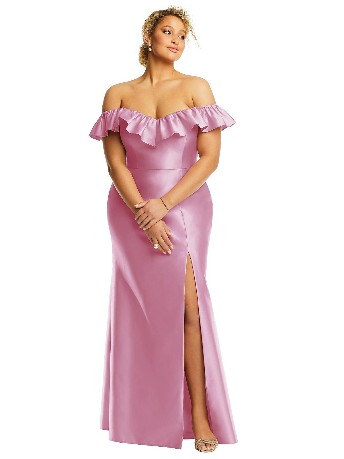 Off-the-Shoulder Ruffle Neck Satin Trumpet Gown | The Dessy Group
