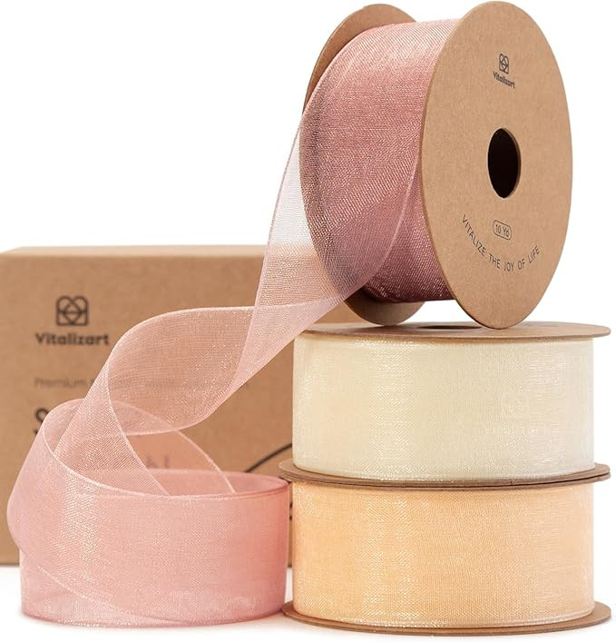 Vitalizart Cream & Rose Gold Organza Sheer Ribbon 1 inch x 30Yd Pink Ribbon Handmade Fabric Ribbo... | Amazon (US)