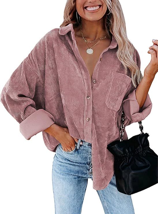 CCTOO Shacket Jacket Women Corduroy Shirt Oversized Long Sleeve Button Down Blouse Tops | Amazon (US)