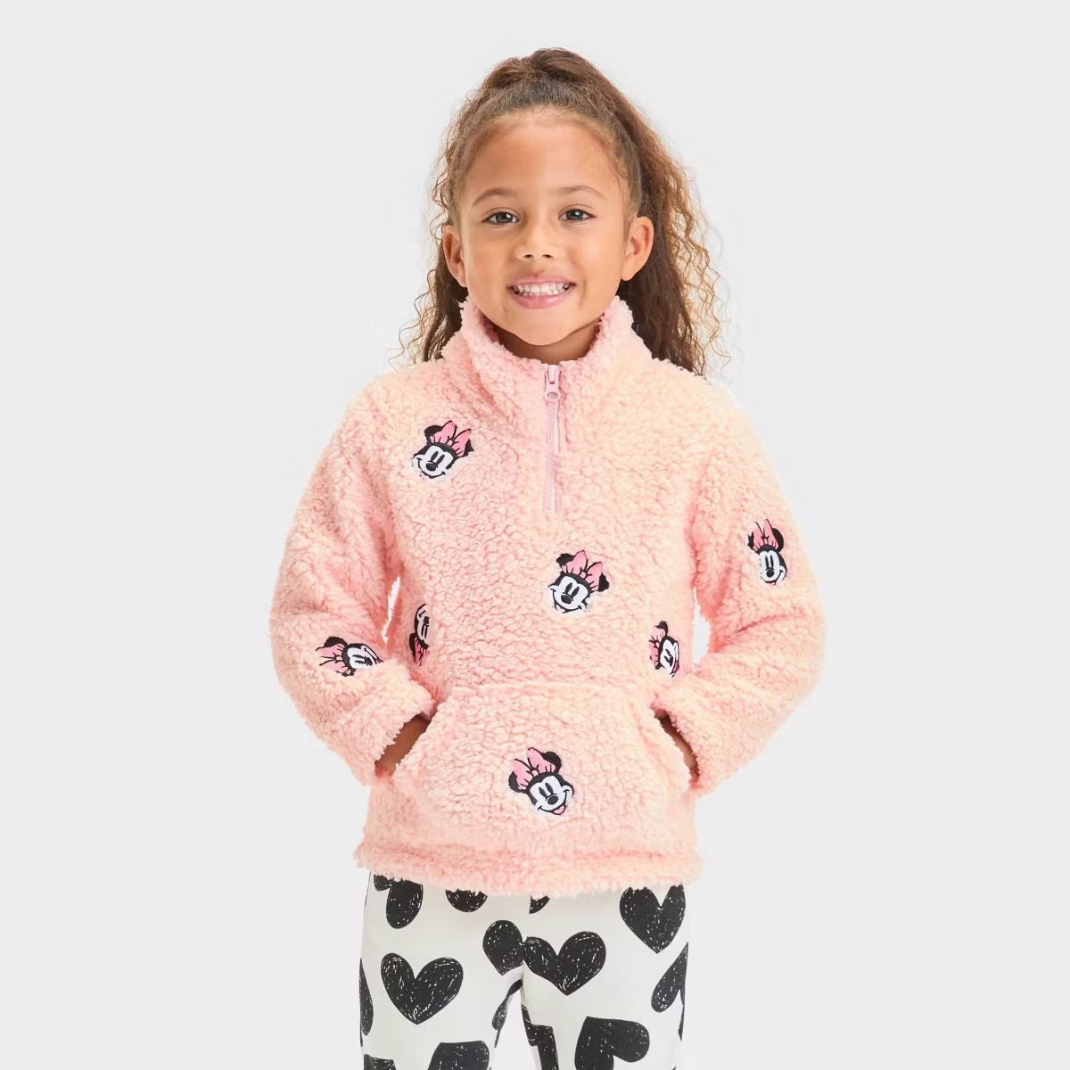Toddler Girls' Disney Minnie Mouse Embroidered Fleece Pullover Quarter Zip Sweatshirt - Blush Pin... | Target
