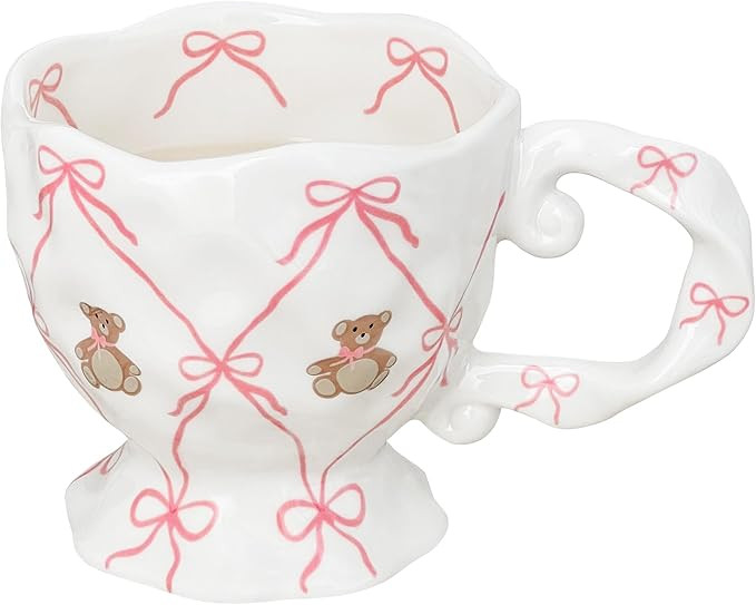 Ceramic Coffee Mug with Pink Bow Cute Bear, Handmade Kawaii Water Cup for Tea Milk Latte Cocoa 14... | Amazon (US)