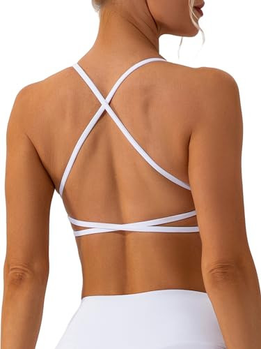 ABOCIW Women's Sports Bra Sexy Strappy Criss-Cross Back Yoga Bra Fitness Backless Padded Crop Tank Top Low Impact Workout Bra White Large | Amazon (US)