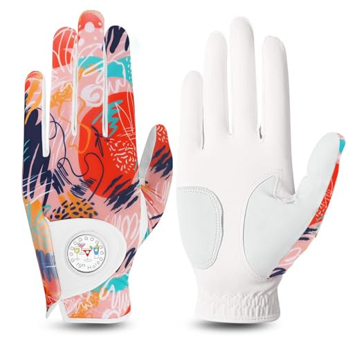 FINGER TEN Stylish Golf Gloves Women with Ball Marker 1 Pack for Left or Right Hand, Breathable Glove with Fashion Patterns for Ladies Right Left Handed Golfer (Full-Orange, Medium, Left) | Amazon (US)