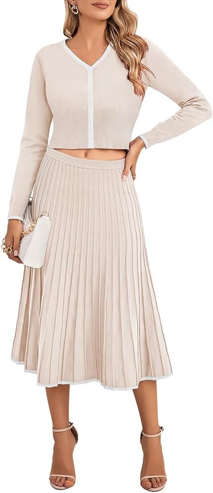 Pink Queen Womens Casual Two Piece Skirt Sets Ribbed Knit Long Sleeve Crop Top Pleated Skirts Mat... | Amazon (US)