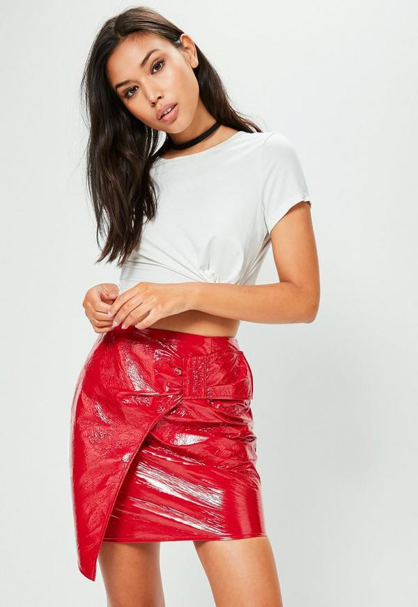 Red Faux Leather Tie Belted Mini Skirt | Missguided (US & CA)
