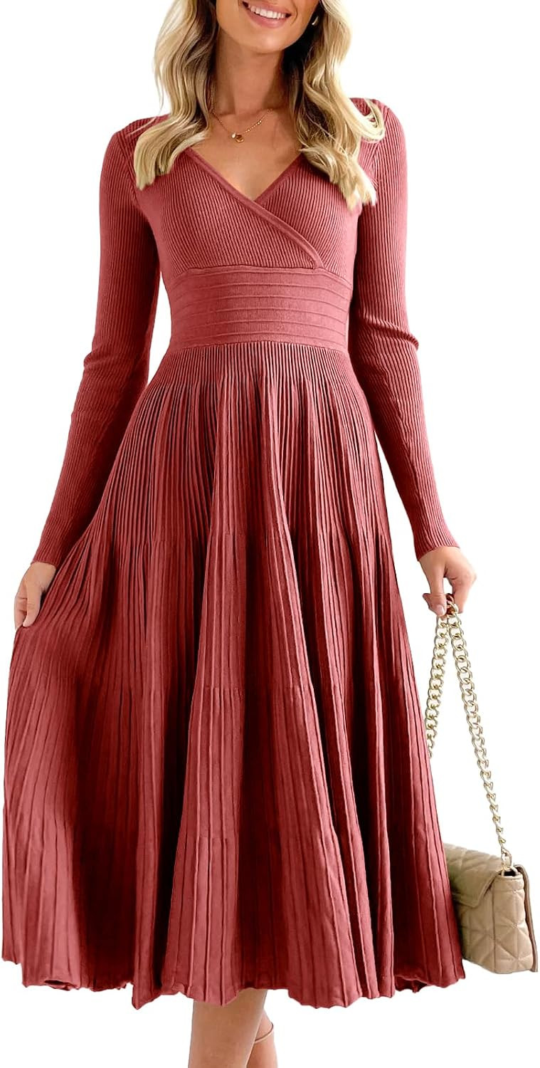 Saodimallsu Womens Long Sleeve Midi Sweater Dress V Neck Pleated Maxi Dress | Amazon (US)