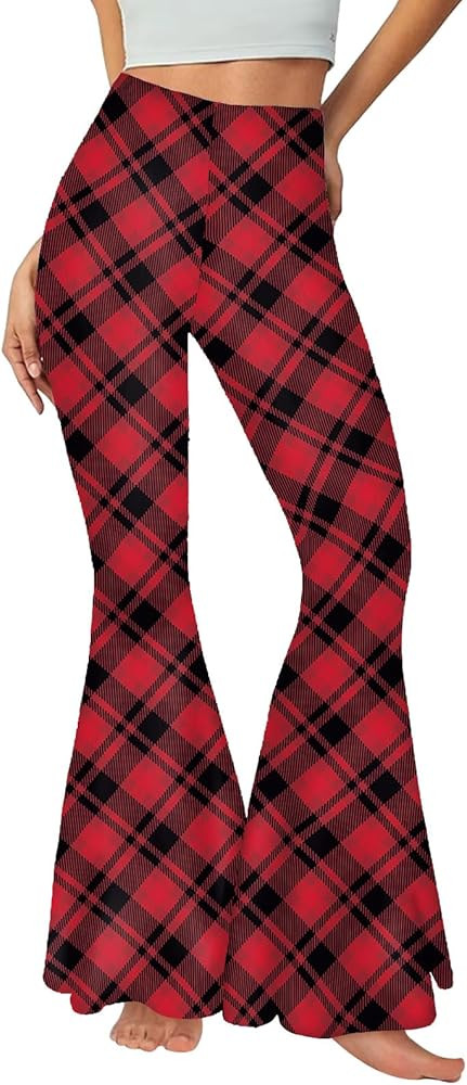 Women Christmas Bell Bottoms High Waisted Buffalo Plaid Printed Flare Legging | Amazon (US)