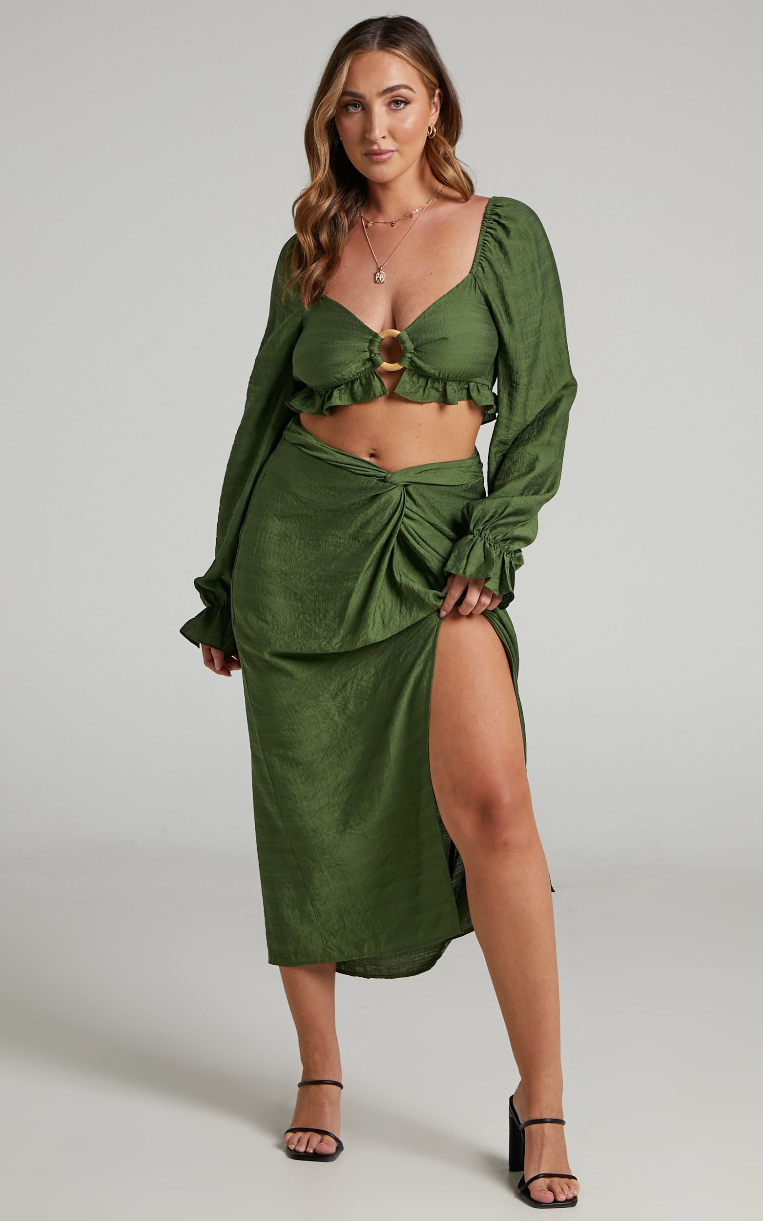 Andalyn Two Piece Knot Front Skirt Set in Olive | Showpo | Showpo - deactived