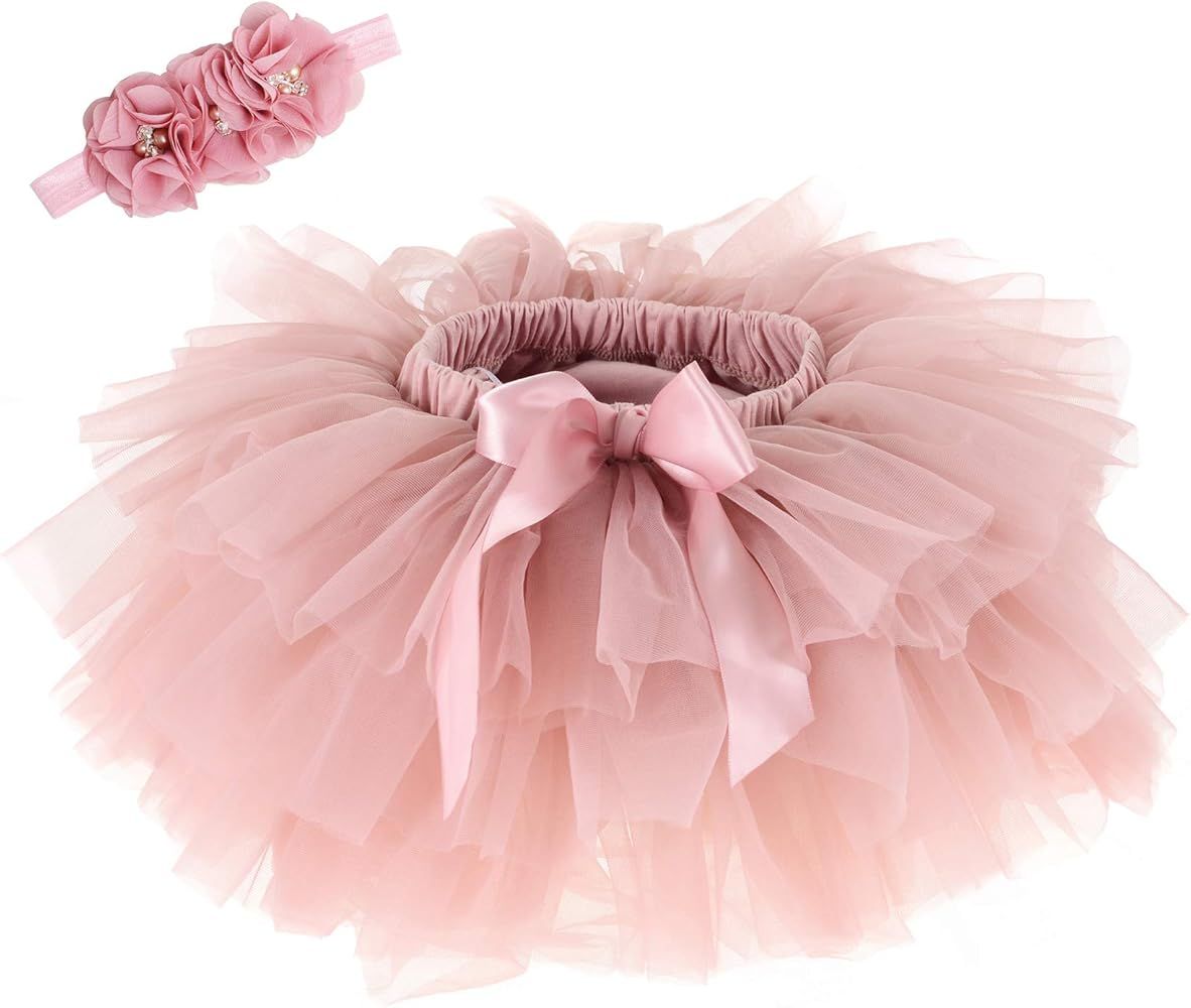 Baby Girls Tutu Skirt Headband Set Toddler Ruffle Tulle Diaper Covers 6-24 Months | Amazon (US)