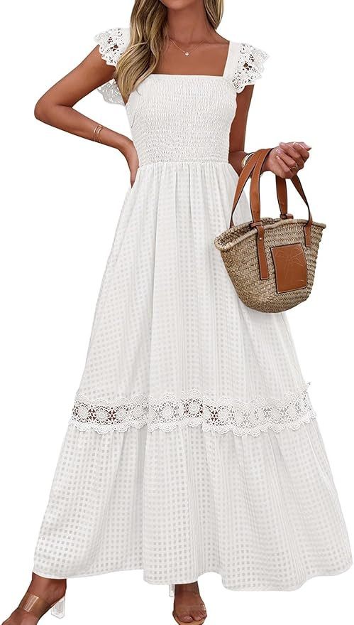 PRETTYGARDEN Women's Smocked Summer Maxi Dresses 2026 Ruffle Cap Sleeve Square Neck Lace Detail F... | Amazon (US)