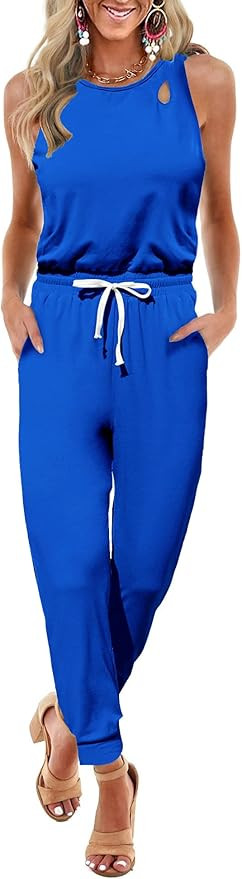KIRUNDO Women’s Summer Cutout Solid Sleeveless Jumpsuit Crewneck Drawstring Elasitic Waist Long... | Amazon (US)