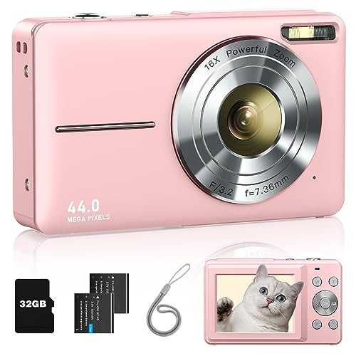 Digital Camera, FHD 1080P Point and Shoot Kids Camera, with 32GB Card, 2 Batteries, 16X Zoom Anti Shake Date Stamp, Compact Portable Small, for Starter Kid Children Teen Student Girl Boy(Pink) | Amazon (US)