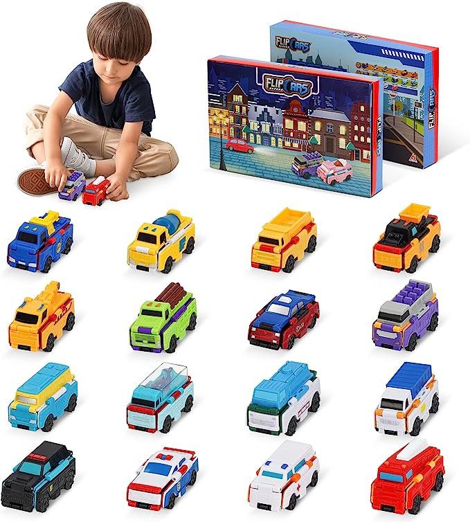 Toy Car Set, 16 Pcs 2-in-1 Flip Transformation Cars Toys with 32 Forms Transform, Engineering Car... | Amazon (US)