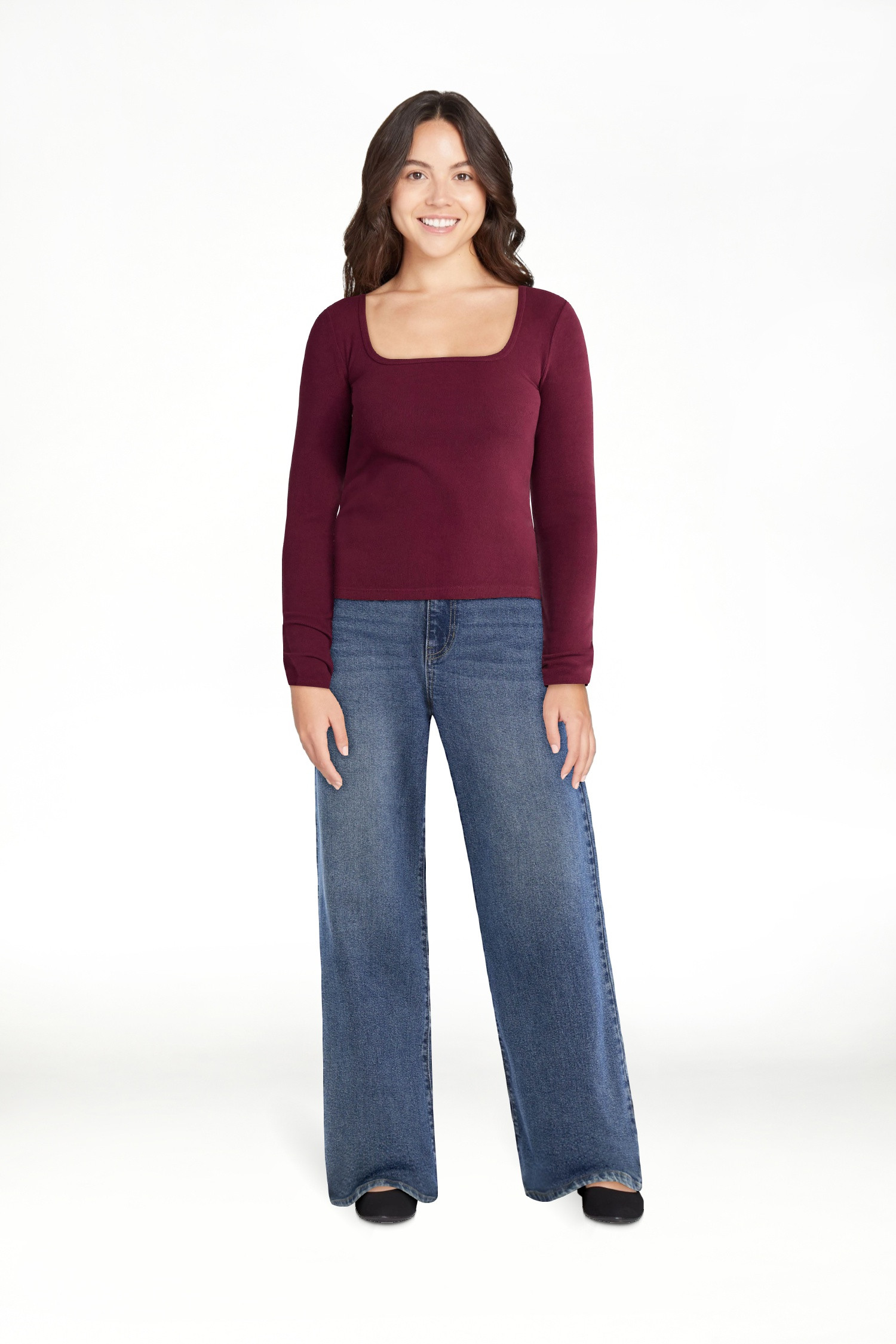 No Boundaries Square Neck Tee with Long Sleeves, Women's | Walmart (US)