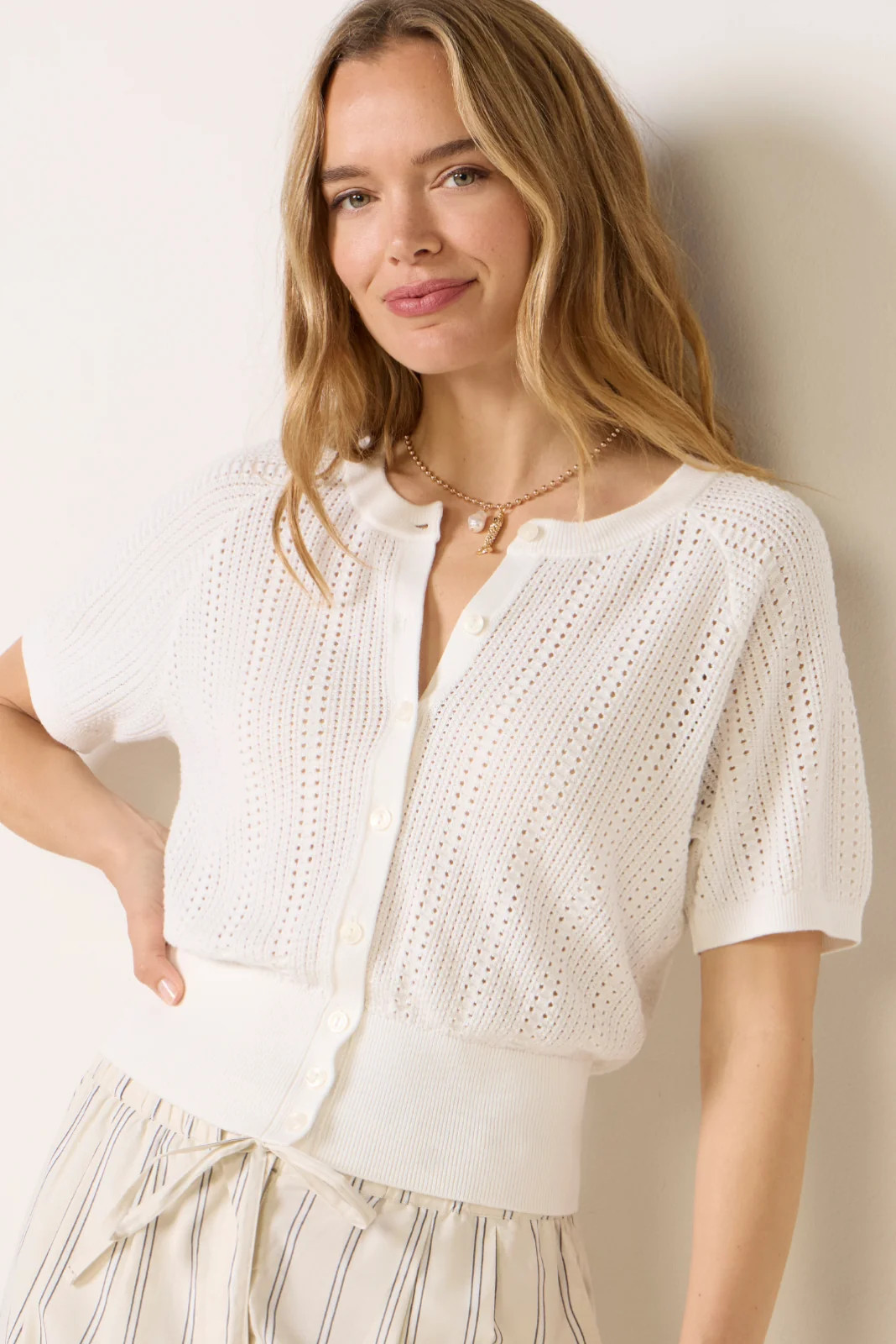 Livy Short Sleeve Pointelle Cardigan | Evereve