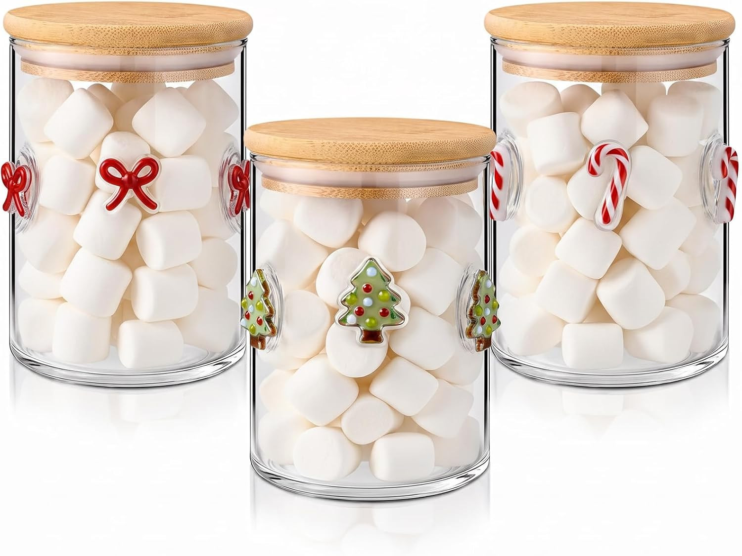 Reallnaive 3 Pcs Christmas Icon Glass Storage Jars with Airtight Bamboo Lid Christmas Tree Candy Cane Bow Icon Glass Jars Canister Set for Winter Xmas Home Kitchen Countertop | Amazon (US)