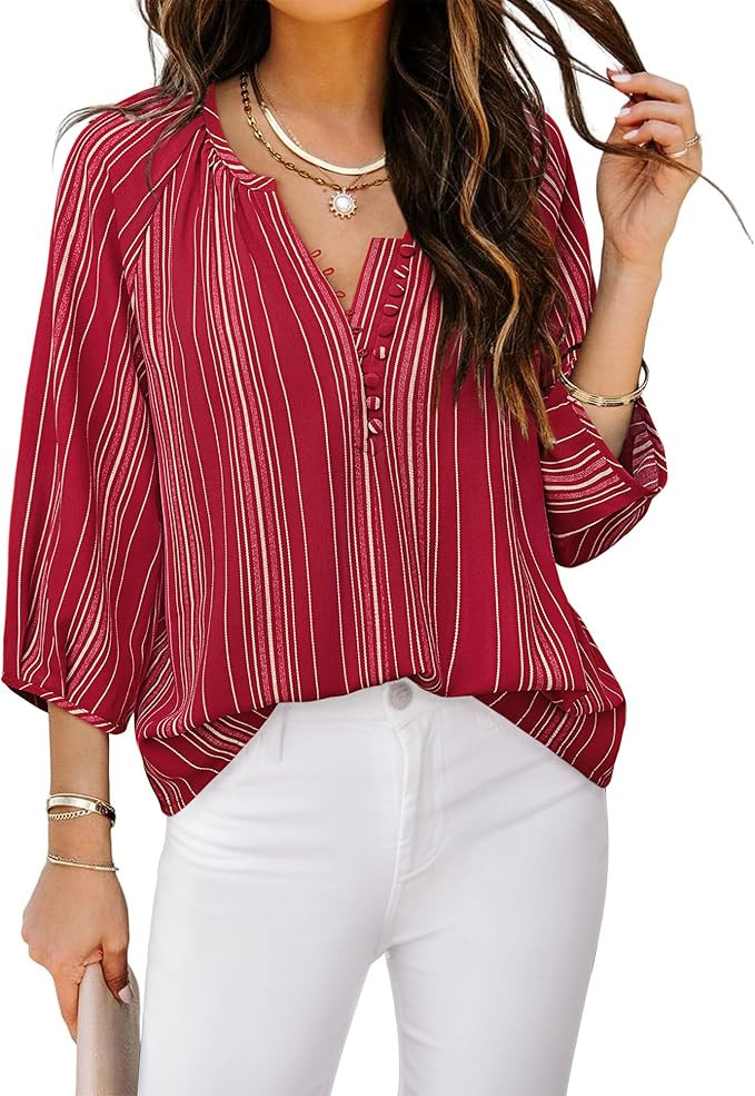 Womens Blouses Dressy Casual V Neck 3/4 Sleeve Tops Fashion Boho Loose Fit Button Down Shirts | Amazon (US)
