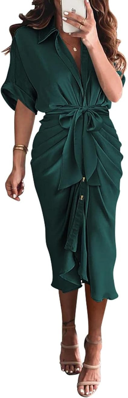 BTFBM Shirt Dresses for Women Button Down Short Sleeve Satin Ruched Maxi Summer Dress 2025 Cockta... | Amazon (US)