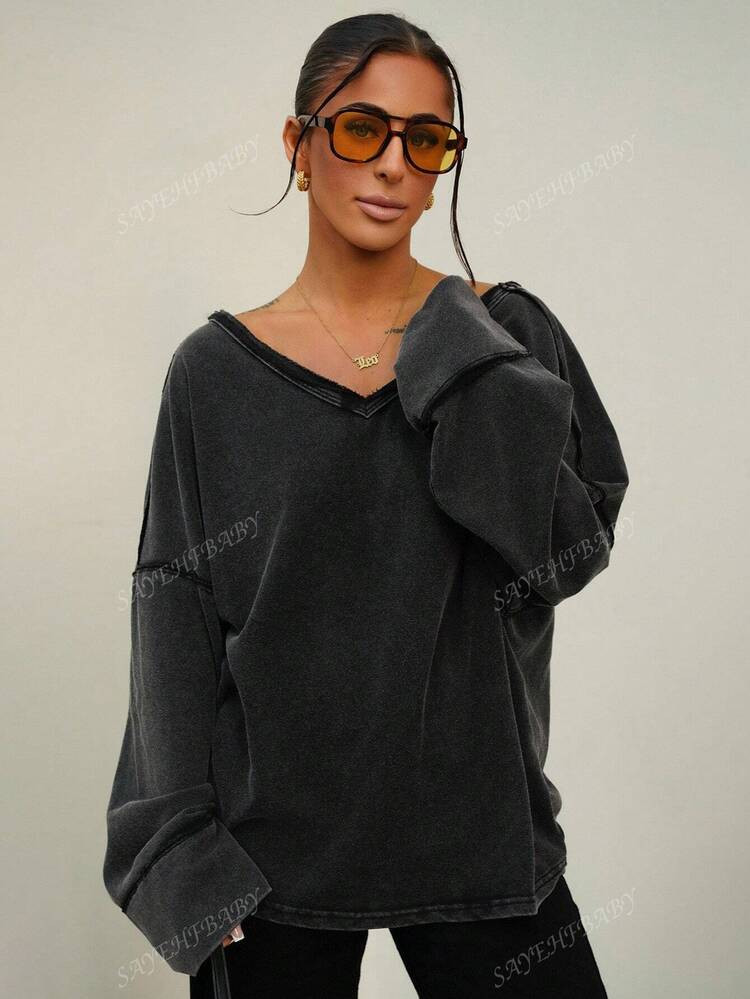 SAYEHFBABY Women's Casual Solid Color V-Neck Backless Loose Flare Sleeve Sweatshirt,Long Sleeve T... | SHEIN