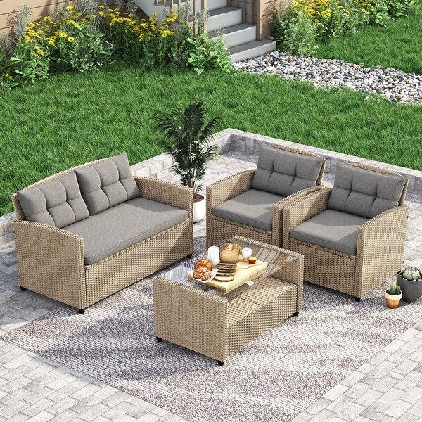 Corvus Armitage 4-piece Outdoor Wicker Sofa Set with Cushions - Light Grey | Bed Bath & Beyond