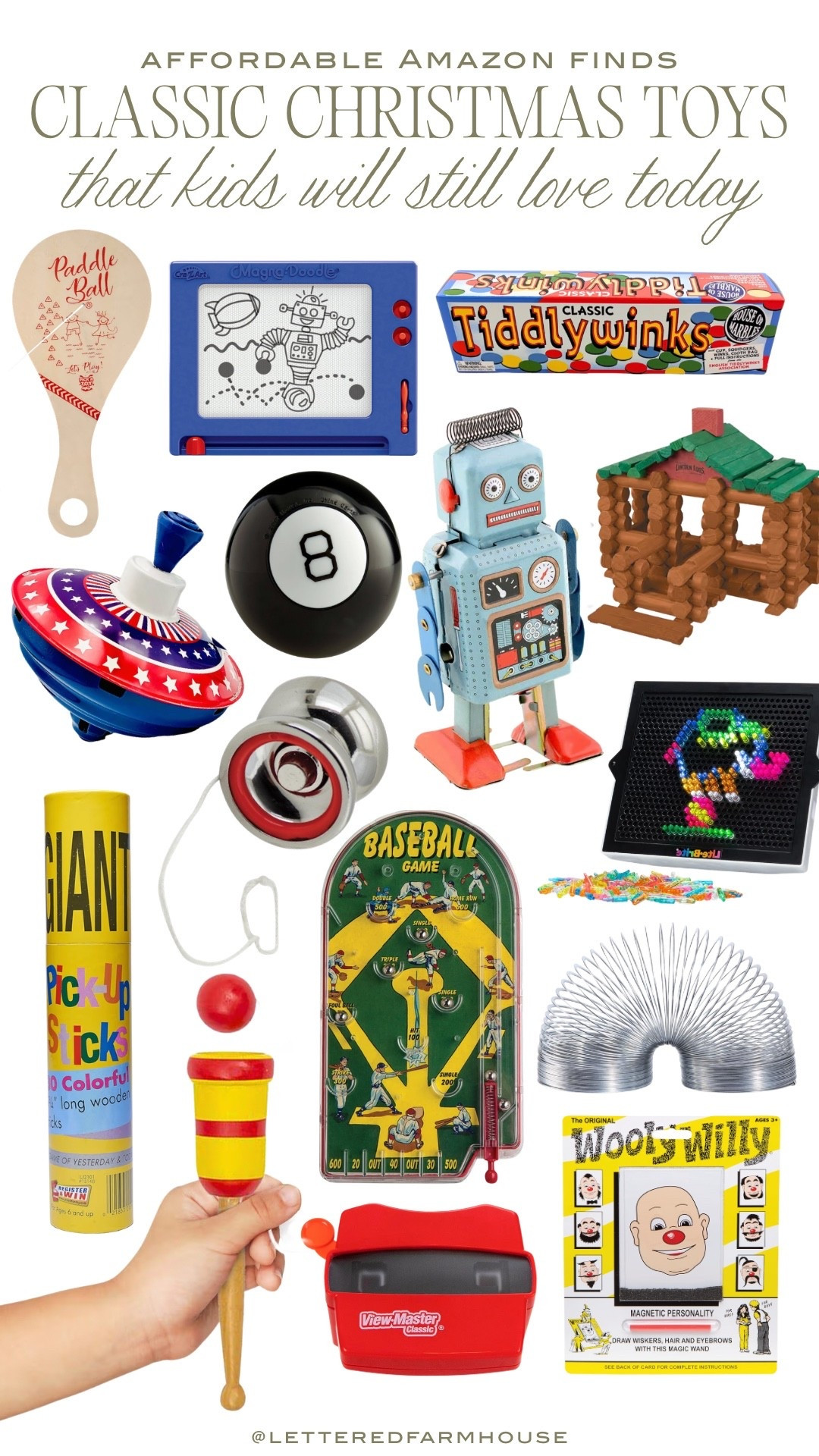 Bring back the magic of childhood Christmas mornings with this nostalgic roundup of retro toys you can still buy on Amazon. From classic View-Masters and vintage yo-yos to Lite-Brite, wooden Lincoln Logs, Magic 8 Balls, Slinkies, tin robots, pickup sticks, spinning tops, and old-school paddle ball games, these timeless toys make perfect stocking stuffers, Christmas gifts, and family keepsakes. Whether you're shopping for your kids or reliving your own favorite holiday memories, these classic toys spark creativity, imagination, and cozy Christmas nostalgia. Tap to shop all the best retro toys in one place!

This roundup includes nostalgic Christmas toys, classic retro toys for kids, vintage holiday gifts, Amazon Christmas toys, old-fashioned toys for stocking stuffers, retro family gift ideas, childhood throwback toys, classic wooden toys, vintage-inspired kids toys, best Christmas toys 2024, holiday nostalgia gifts, retro stocking stuffer ideas, traditional Christmas toys, Amazon retro toy finds, and timeless Christmas gift ideas



#LTKKids #LTKGiftGuide #LTKHoliday