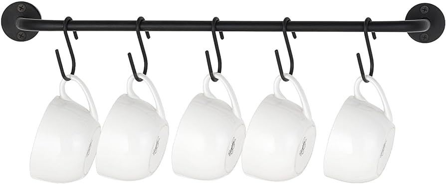 Mkono Mug Holder Wall Mounted Coffee Cup Rack Hanger Modern Metal with 5 Mug Hooks Rustic Utensil... | Amazon (US)