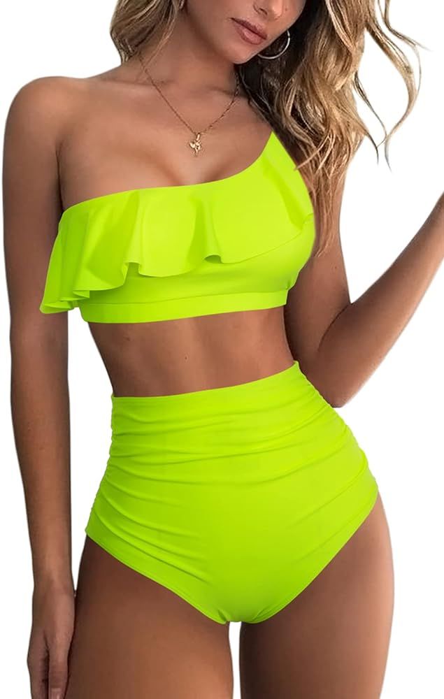 Mulisky Women’s One Shoulder Crop Bikini Sets Flounce High Waist Ruffle Two Piece Swimsuit | Amazon (US)