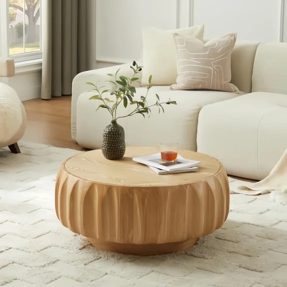Kevinplus 31.5" Round Solid Wood Coffee Table with Sculptural Design for Living Room,Natural | Walmart (US)