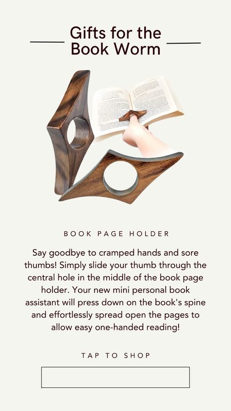 Say goodbye to cramped hands and sore thumbs. Simply slide your thumb through the central hole in the middle of the book page holder. Now you can effortlessly spread open the pages to allow easy one handed reading 

#LTKGiftGuide #LTKunder100 #LTKeurope