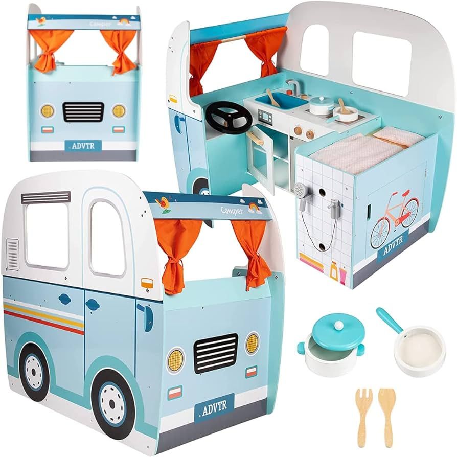 Wooden Play Camper Van Toy Playset w Steering Wheel, Kitchen w Stove, Oven, Bed, Pillow, Pretend ... | Amazon (US)