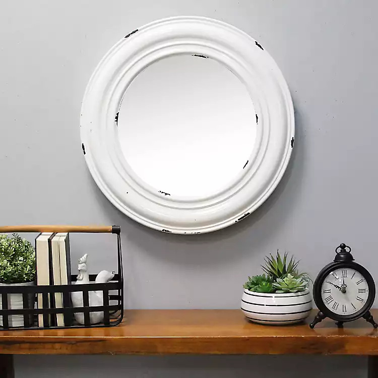 Distressed White Round Enamel Wall Mirror, 25 in. | Kirkland's Home