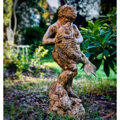 Bronze Boy Holding Fish Fountain Sculpture | Wayfair North America