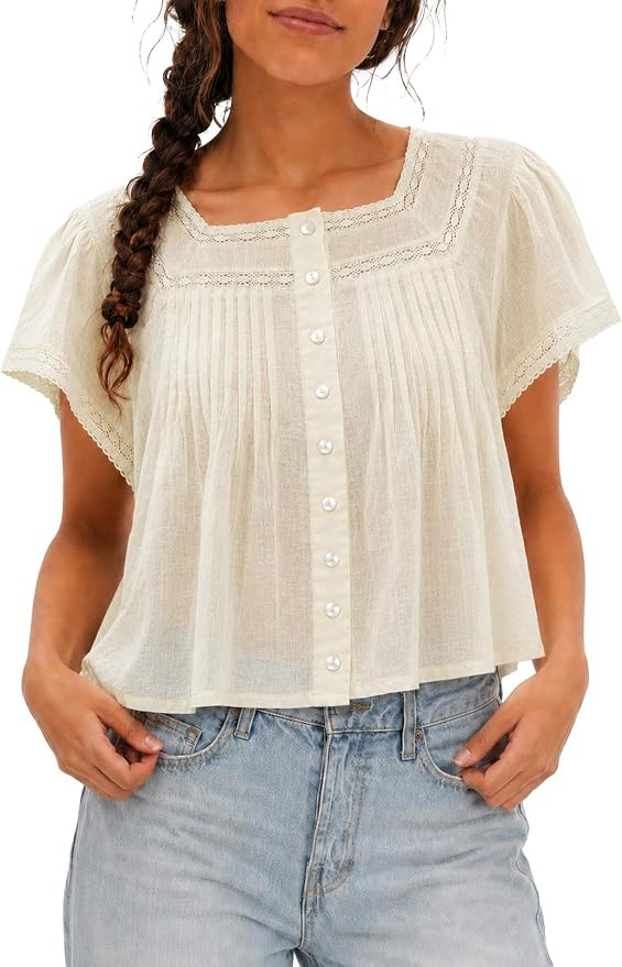 Boho Tops for Women 100% Cotton Lace Babydoll Tops Button Down Shirts | 100% Cotton Breathable Li... | Amazon (US)