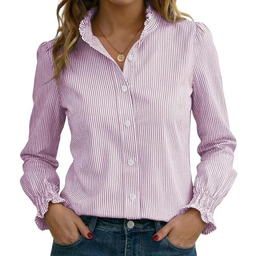 Funlingo Striped Button Down Shirts for Women Fashion 2026 Long Sleeve Smocked Cuffed Boyfriend Blouses Ladies Ruffle Collar Spring Work Tops Purple White S | Amazon (US)